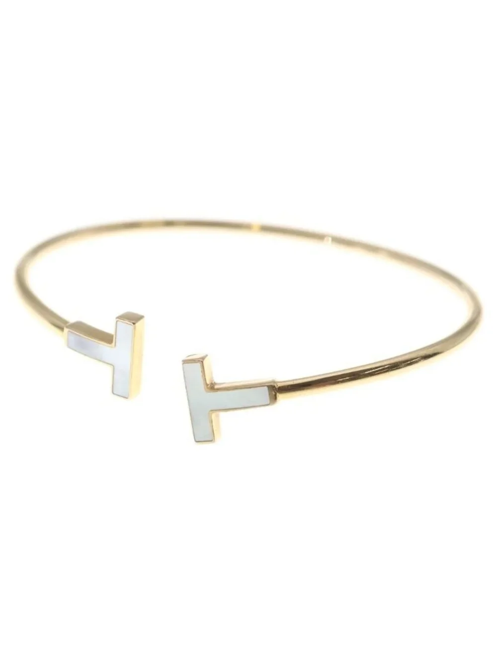 Tiffany & Co T Wire 18k Yellow Gold Bracelet Bangle White Shell